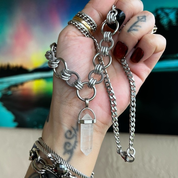 Handmade maille stainless steel cuban chain necklace + crystal quartz bullet - Picture 8 of 12